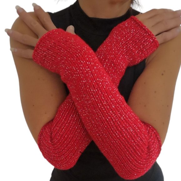 Red Silver Glitter Handmade Knitted Long Fingerless Gloves Valentines Gi… - Picture 9 of 11